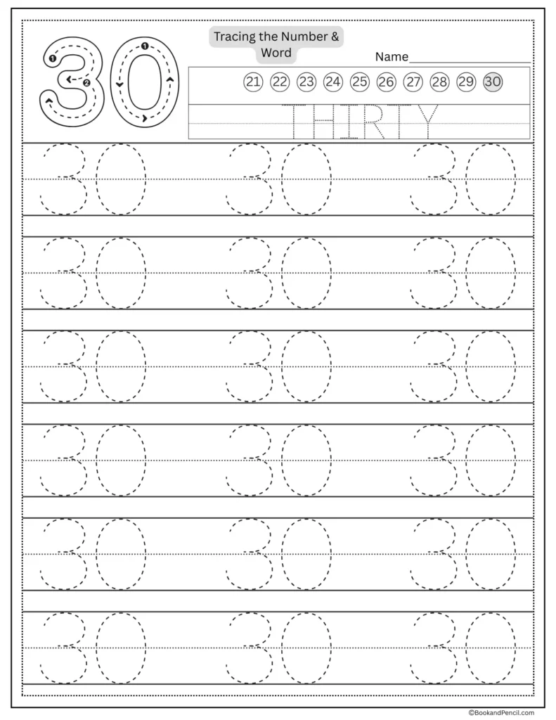 Tracing number 30 worksheet with number word thirty and dotted lines.