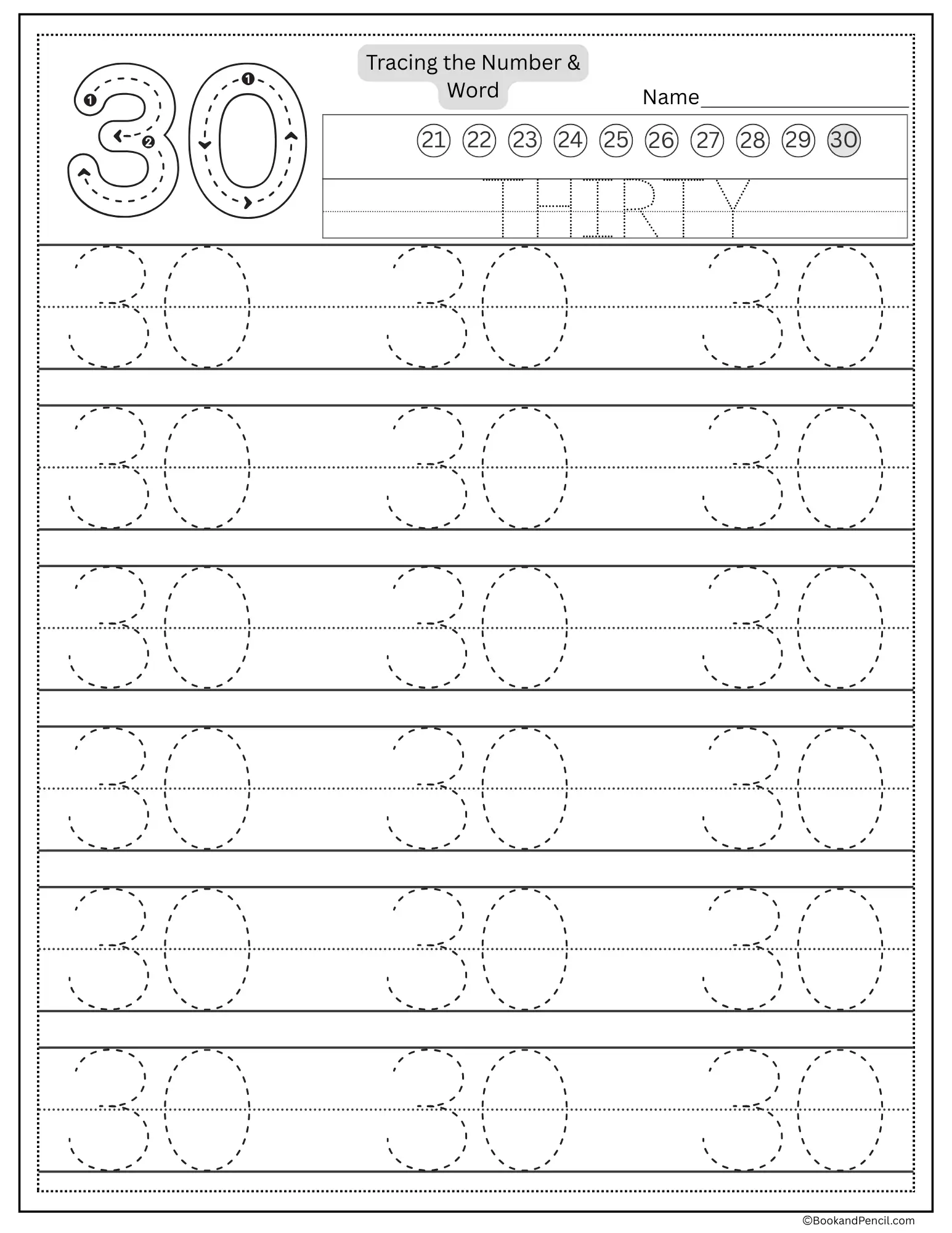 Tracing Numbers 21–30 | Free Printable Worksheet PDF