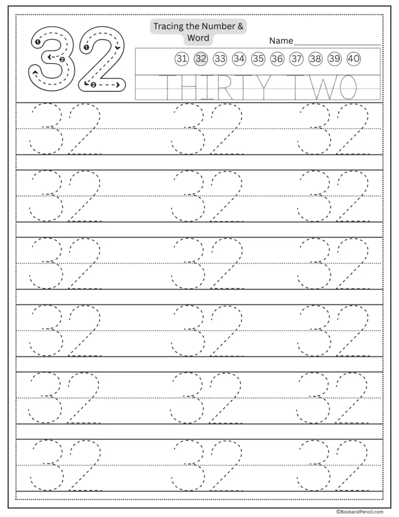Tracing number 32 worksheet with number word thirty two and dotted lines.