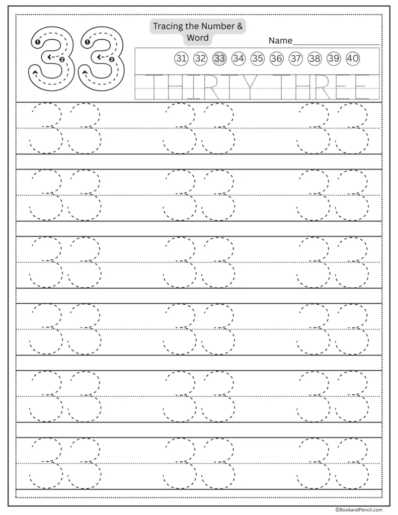 Tracing number 33 worksheet with number word thirty three and dotted lines.