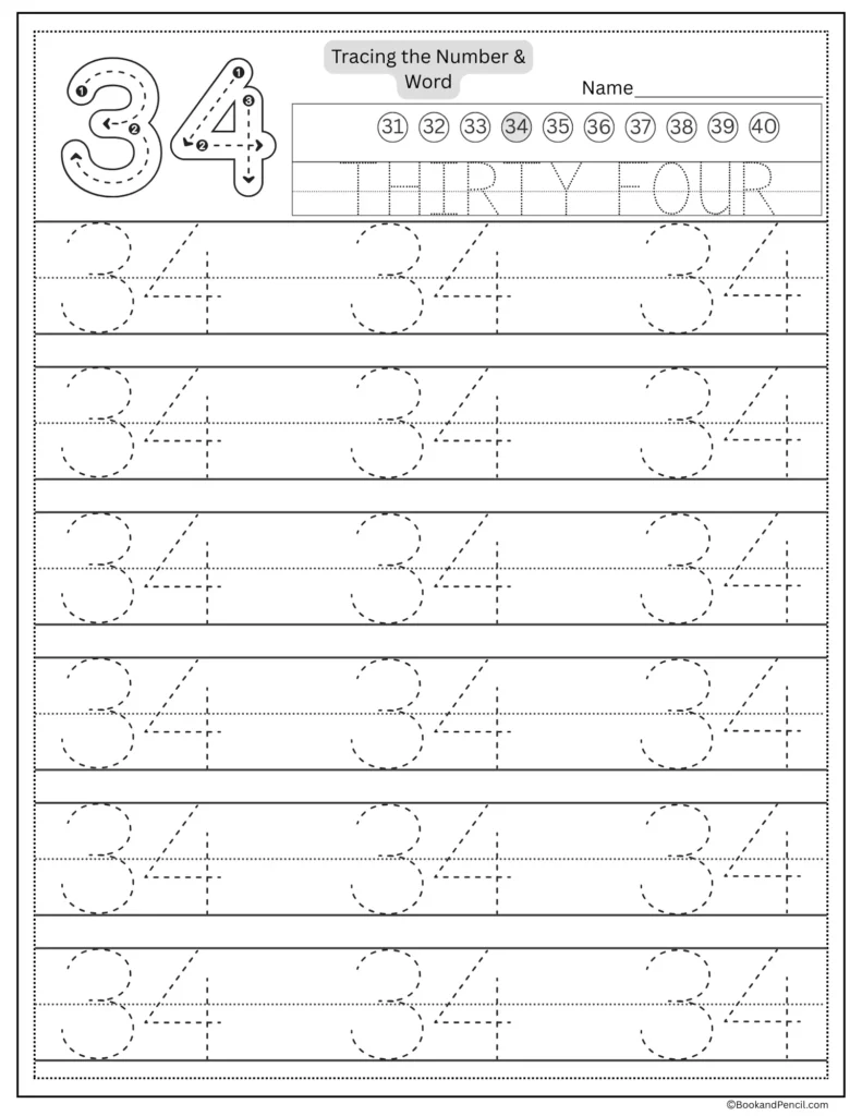 Tracing number 34 worksheet with number word thirty four and dotted lines.