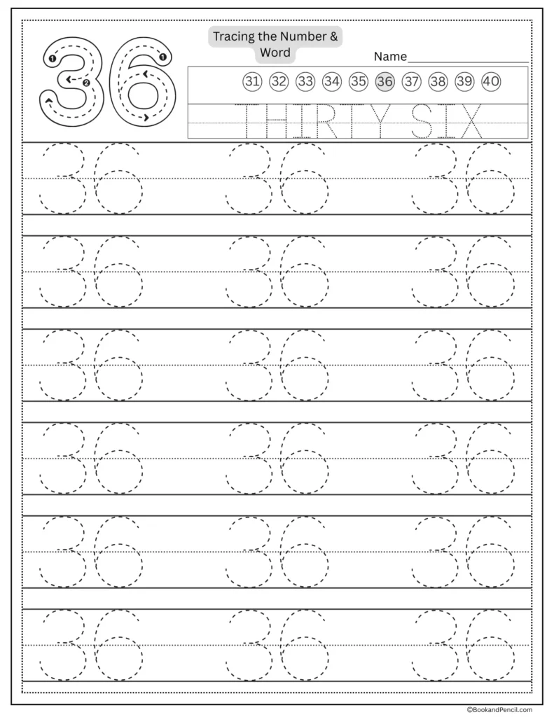 Tracing number 36 worksheet with number word thirty six and dotted lines.