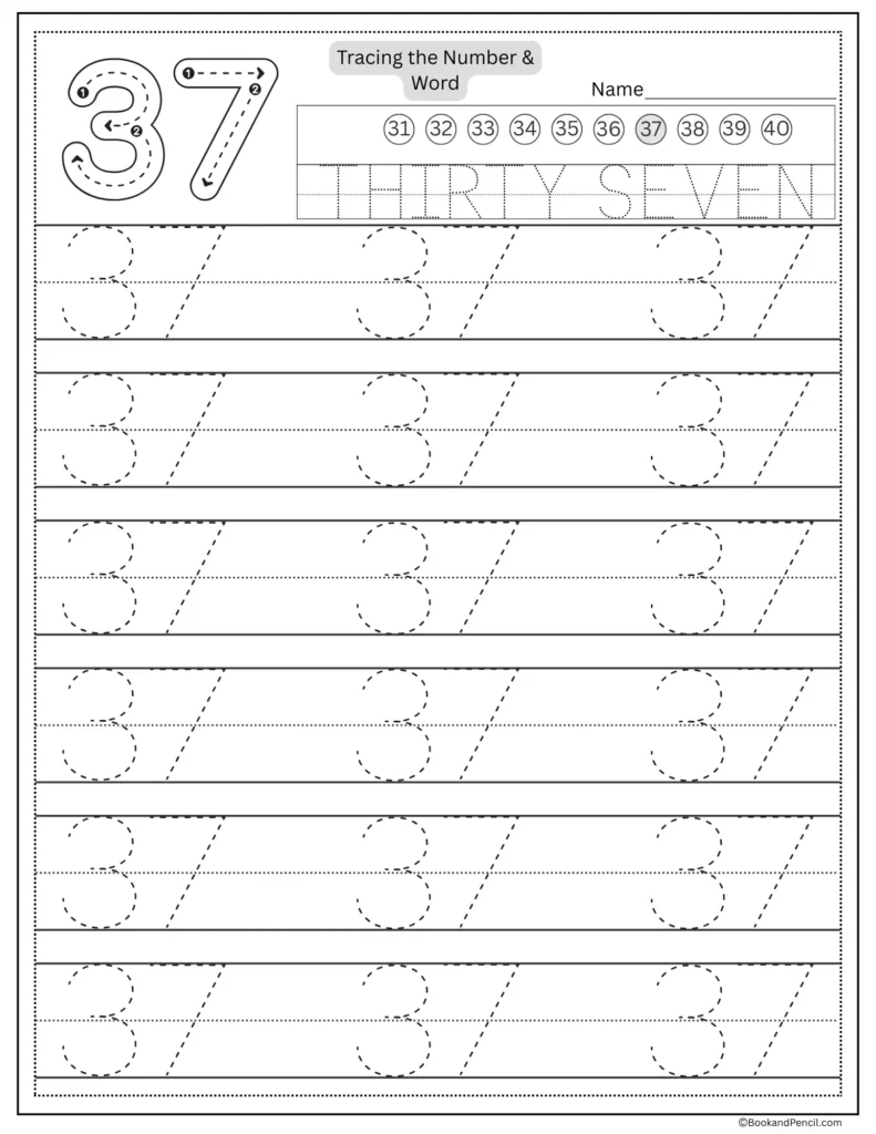 Tracing number 37 worksheet with number word thirty seven and dotted lines.