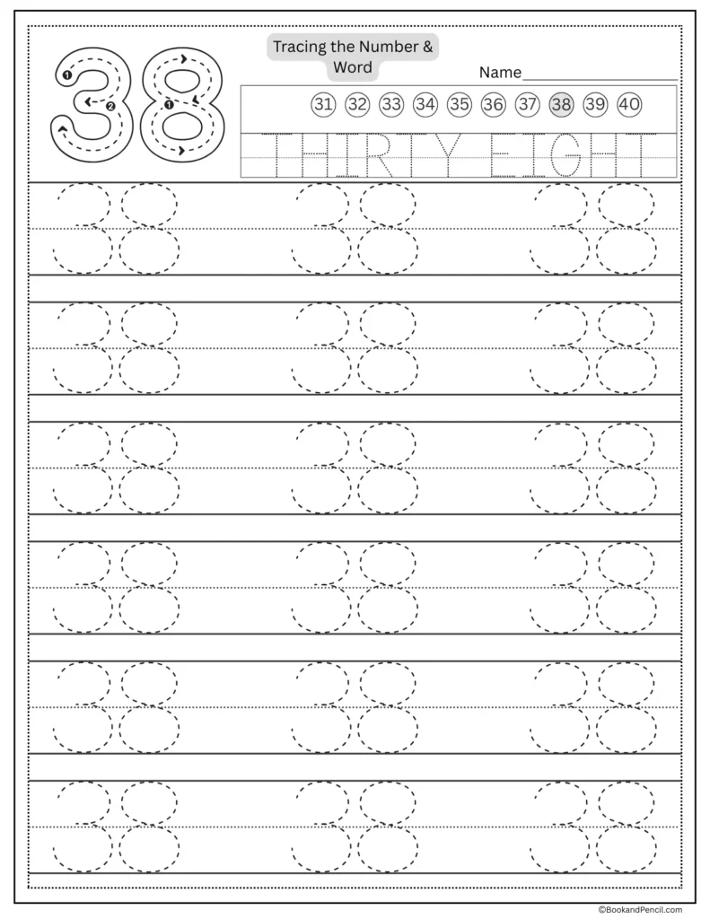 Tracing number 38 worksheet with number word thirty eight and dotted lines.