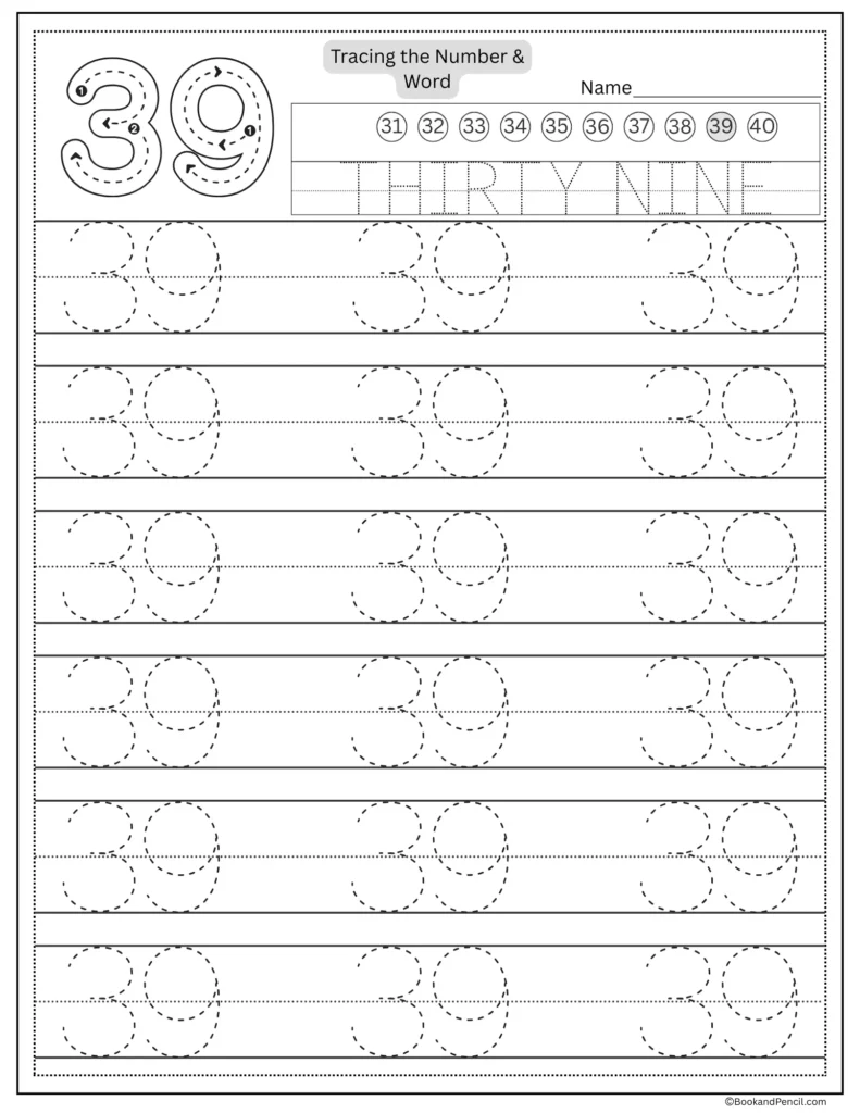 Tracing number 39 worksheet with number word thirty nine and dotted lines.