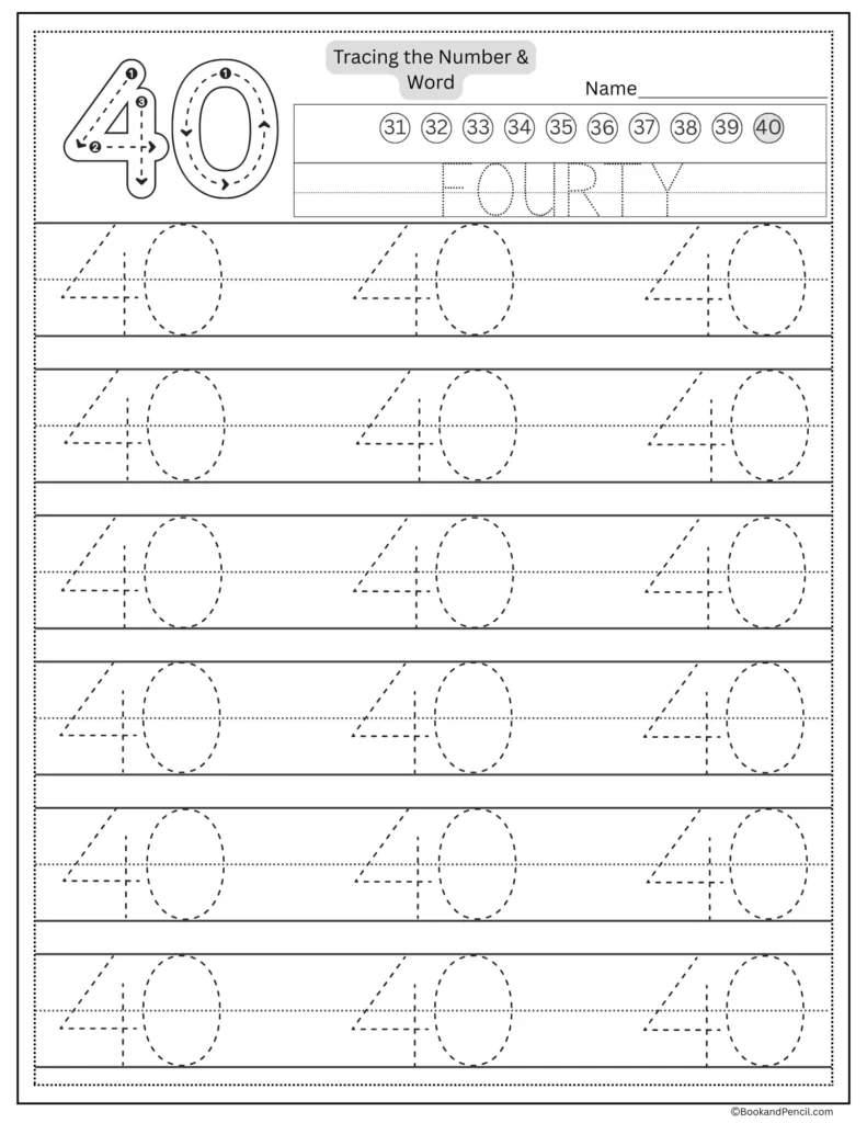 Tracing number 40 worksheet with number word fourty and dotted lines.
