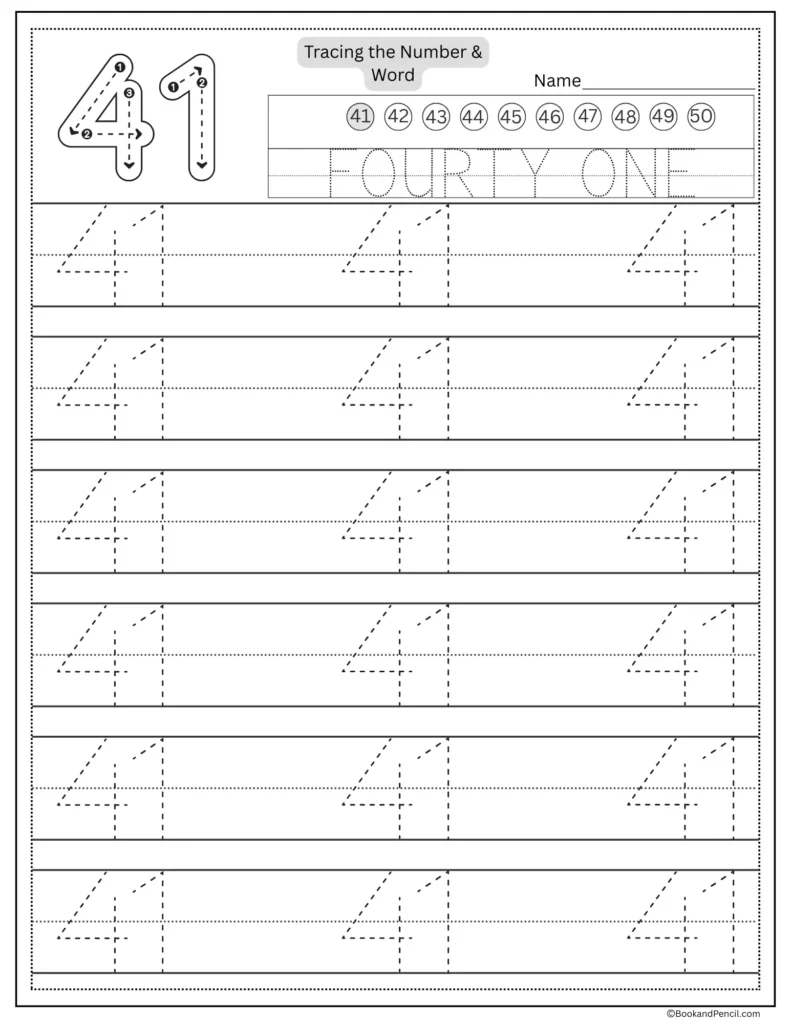 Tracing number 41 worksheet with number word fourty one and dotted lines.