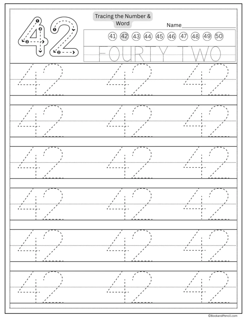 Tracing number 42 worksheet with number word fourty two and dotted lines.