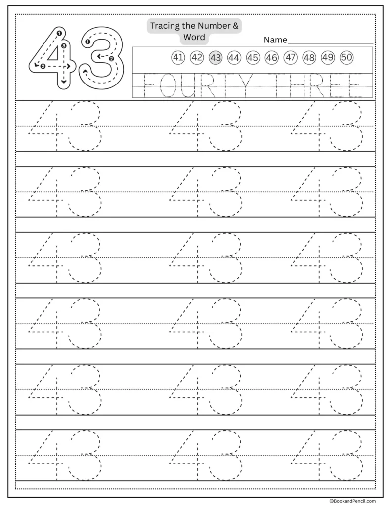 Tracing number 43 worksheet with number word fourty three and dotted lines.