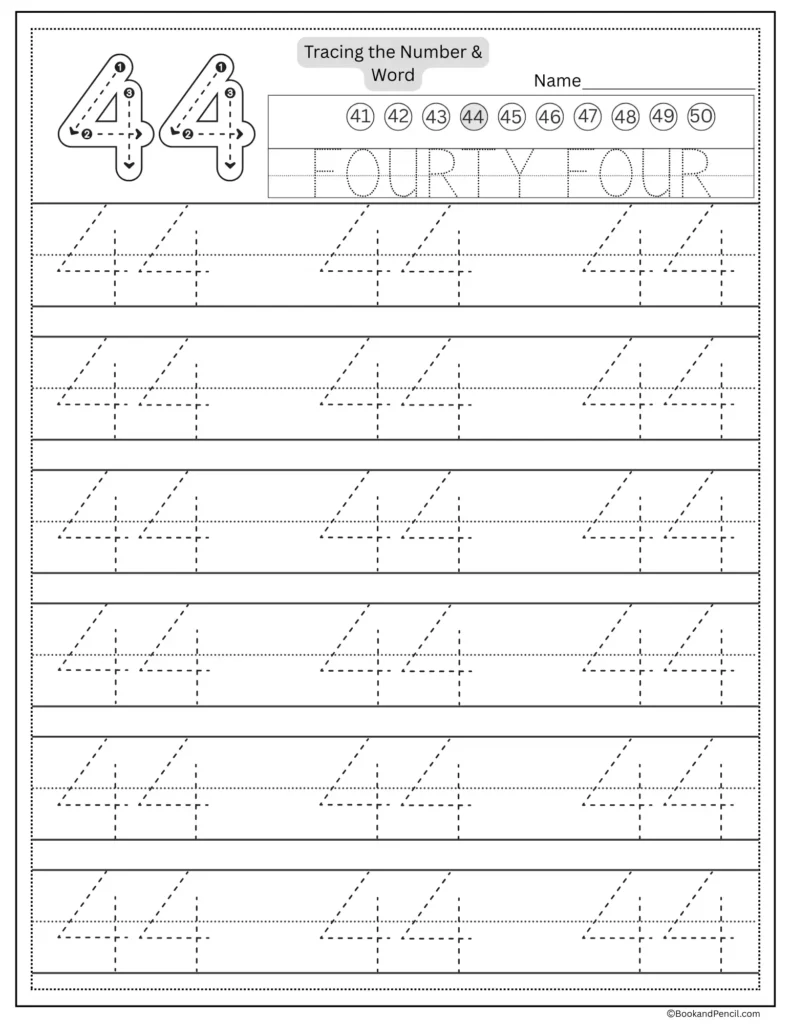 Tracing number 44 worksheet with number word fourty four and dotted lines.