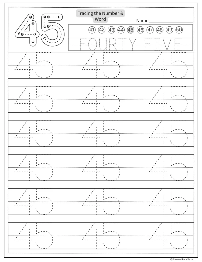 Tracing number 45 worksheet with number word fourty five and dotted lines.