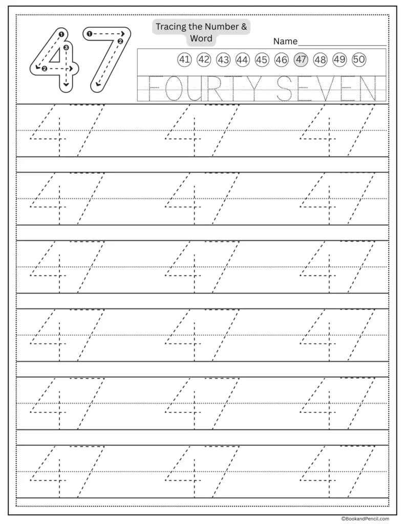 Tracing number 47 worksheet with number word fourty seven and dotted lines.