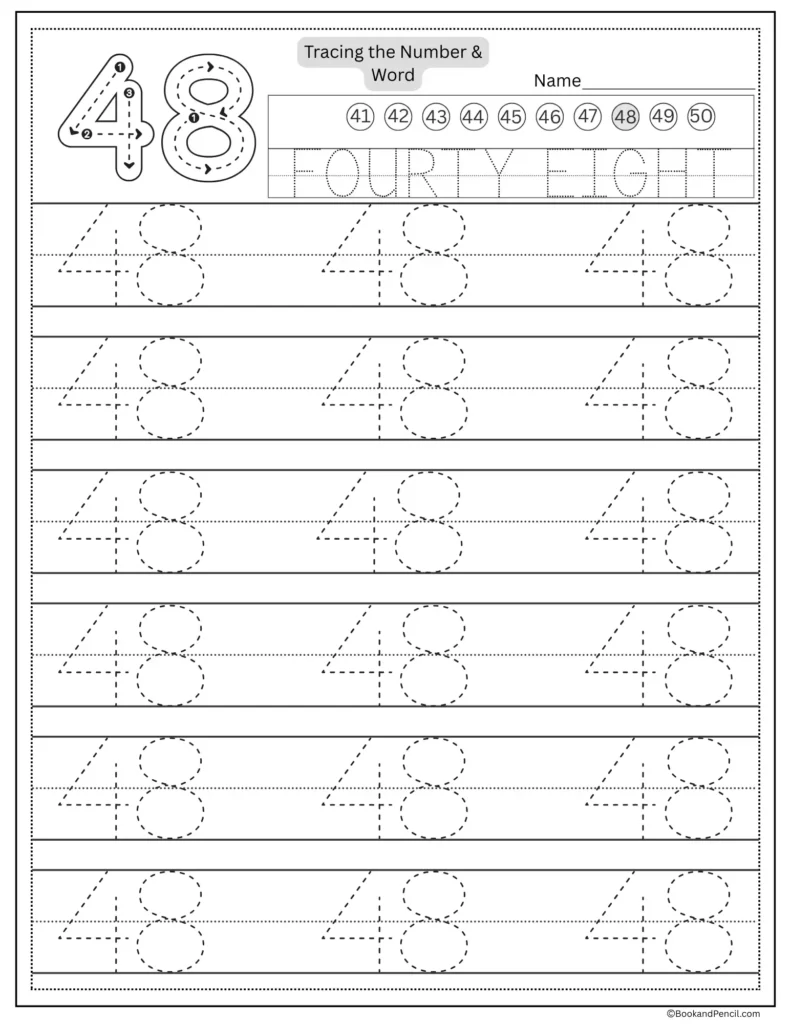 Tracing number 48 worksheet with number word fourty eight and dotted lines.