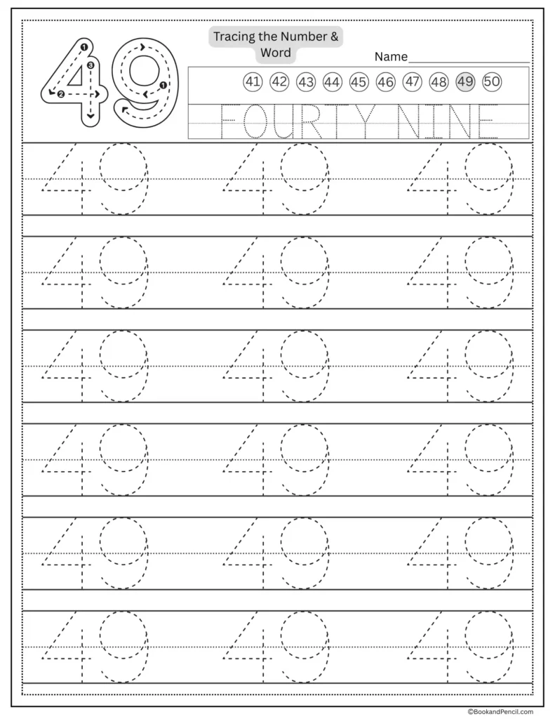 Tracing number 49 worksheet with number word fourty nine and dotted lines.