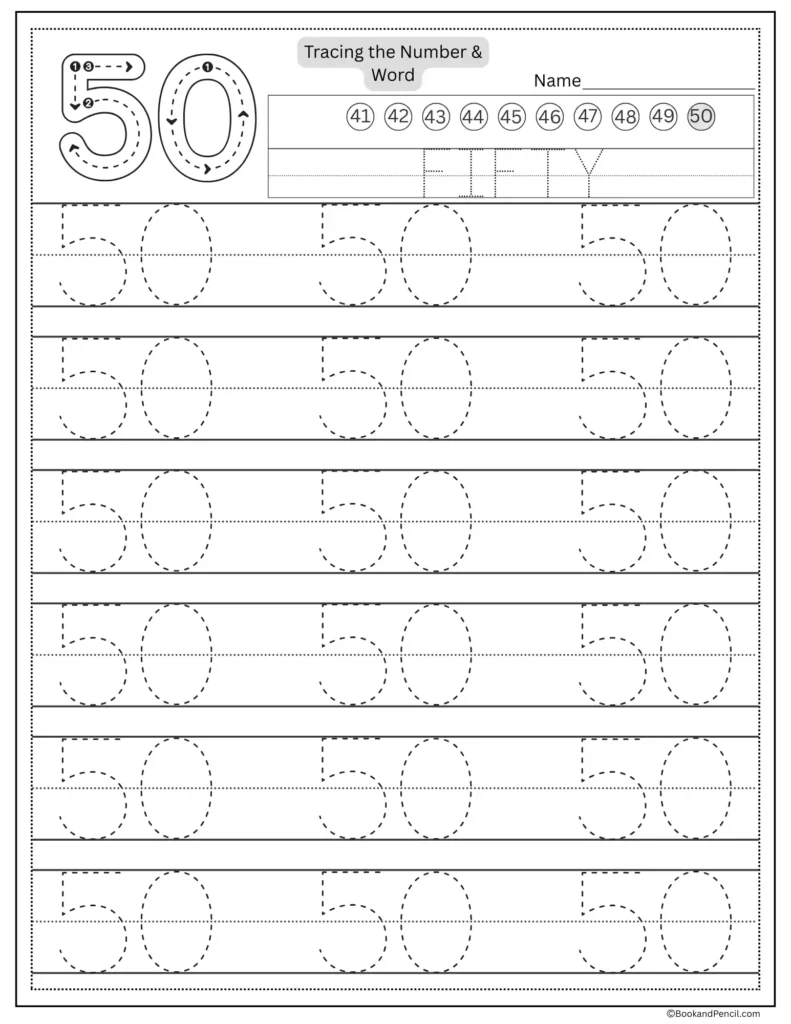 Tracing number 50 worksheet with number word fifty and dotted lines.