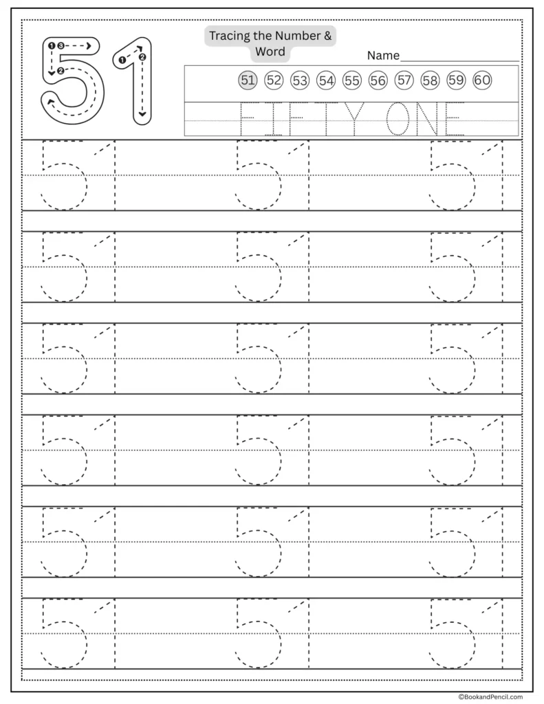 Tracing number 51 worksheet with number word fifty one and dotted lines.