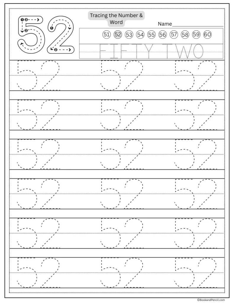 Tracing number 52 worksheet with number word fifty two and dotted lines.