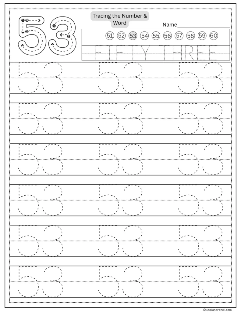 Tracing number 53 worksheet with number word fifty three and dotted lines.