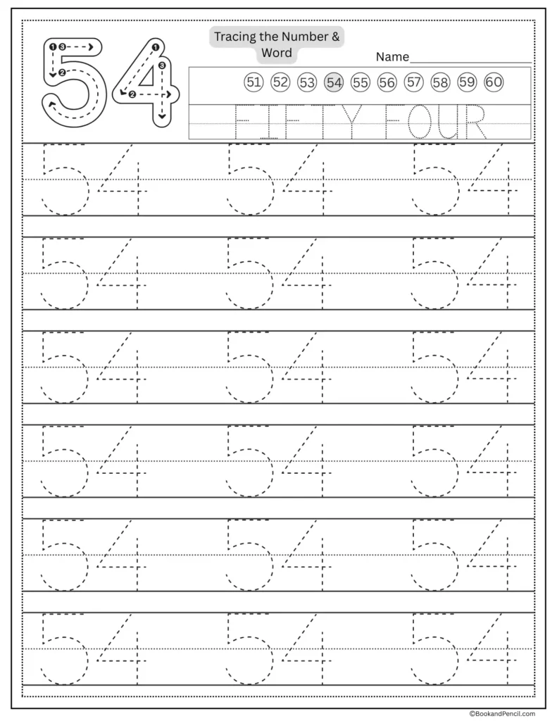 Tracing number 54 worksheet with number word fifty four and dotted lines.
