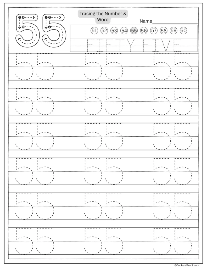 Tracing number 55 worksheet with number word fifty five and dotted lines.