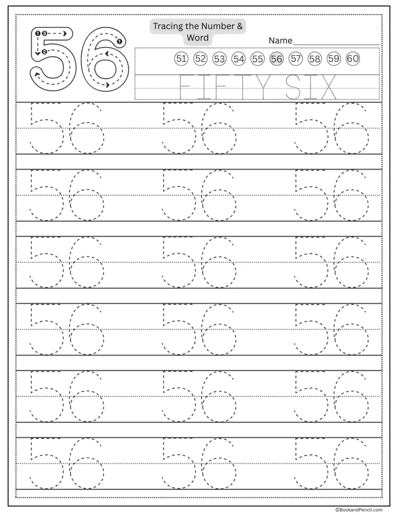Tracing number 56 worksheet with number word fifty six and dotted lines.