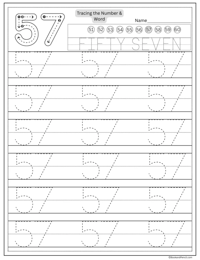 Tracing number 57 worksheet with number word fifty seven and dotted lines.