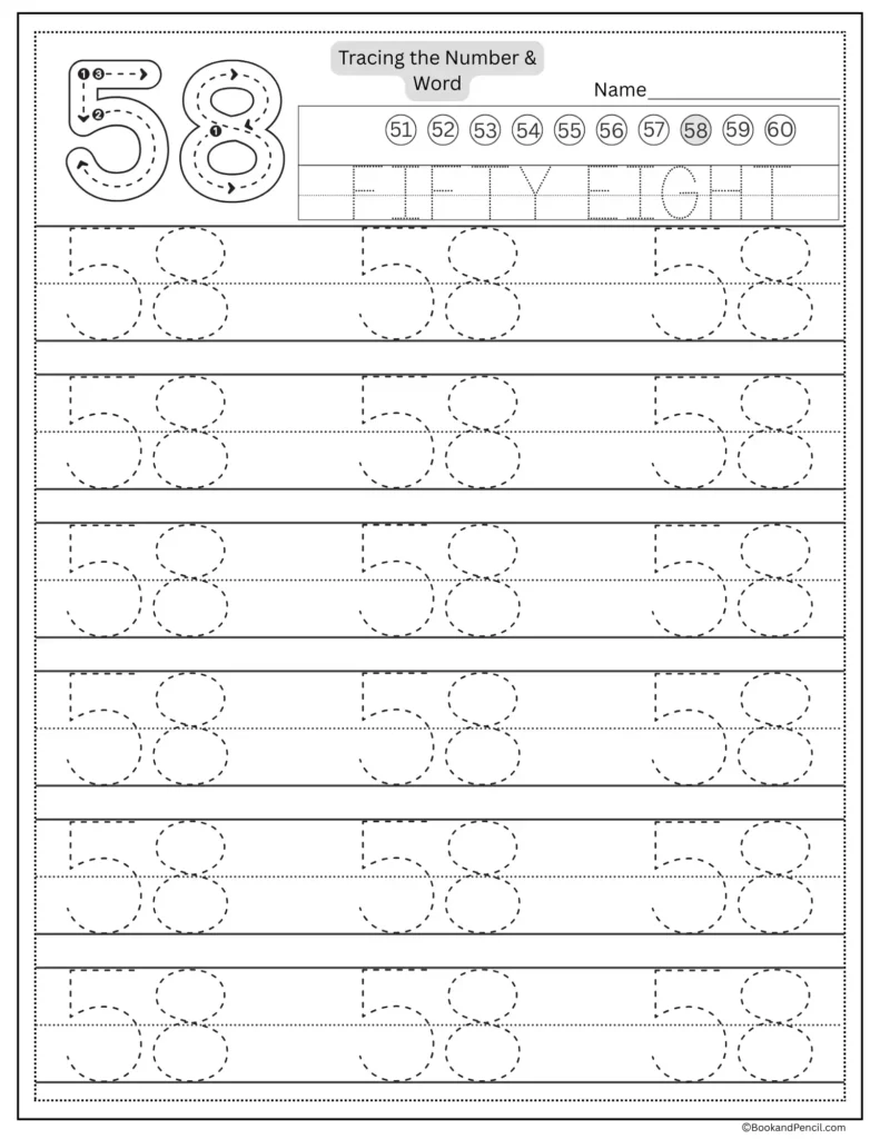 Tracing number 58 worksheet with number word fifty eight and dotted lines.
