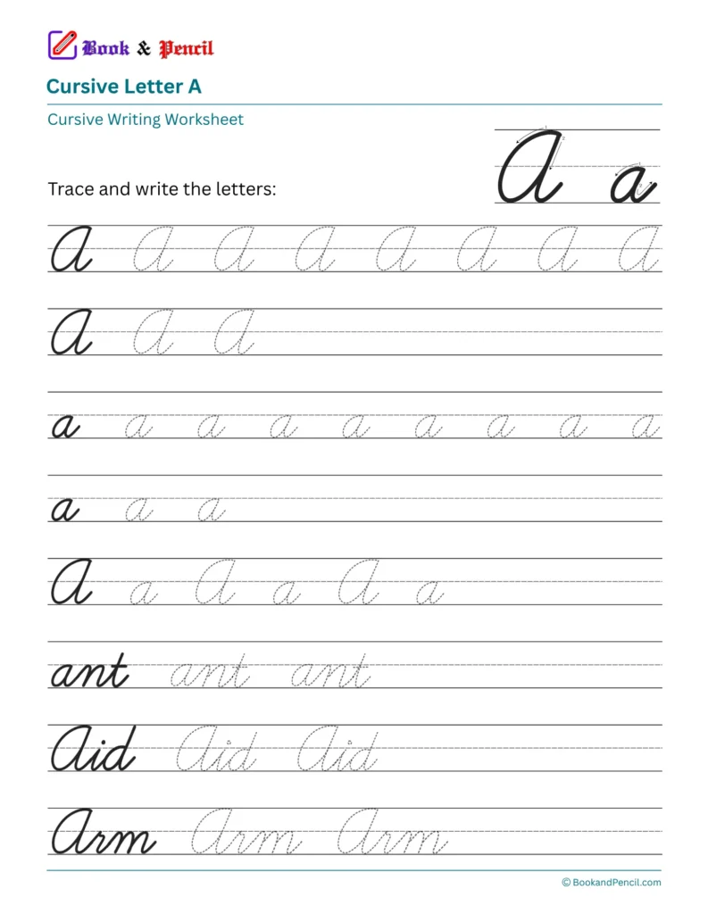 Free printable cursive letter A worksheet showing uppercase and lowercase tracing practice with words ant, Aid, and Arm.
