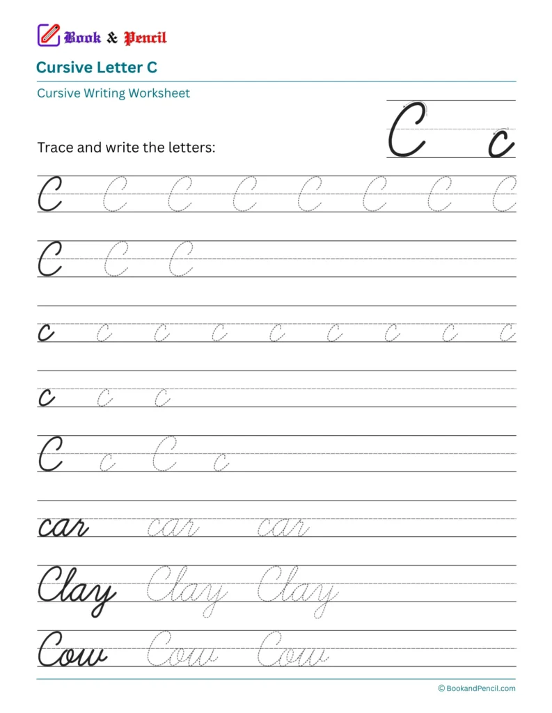 Free printable cursive letter C worksheet showing uppercase and lowercase tracing practice with words car, Clay, and Cow