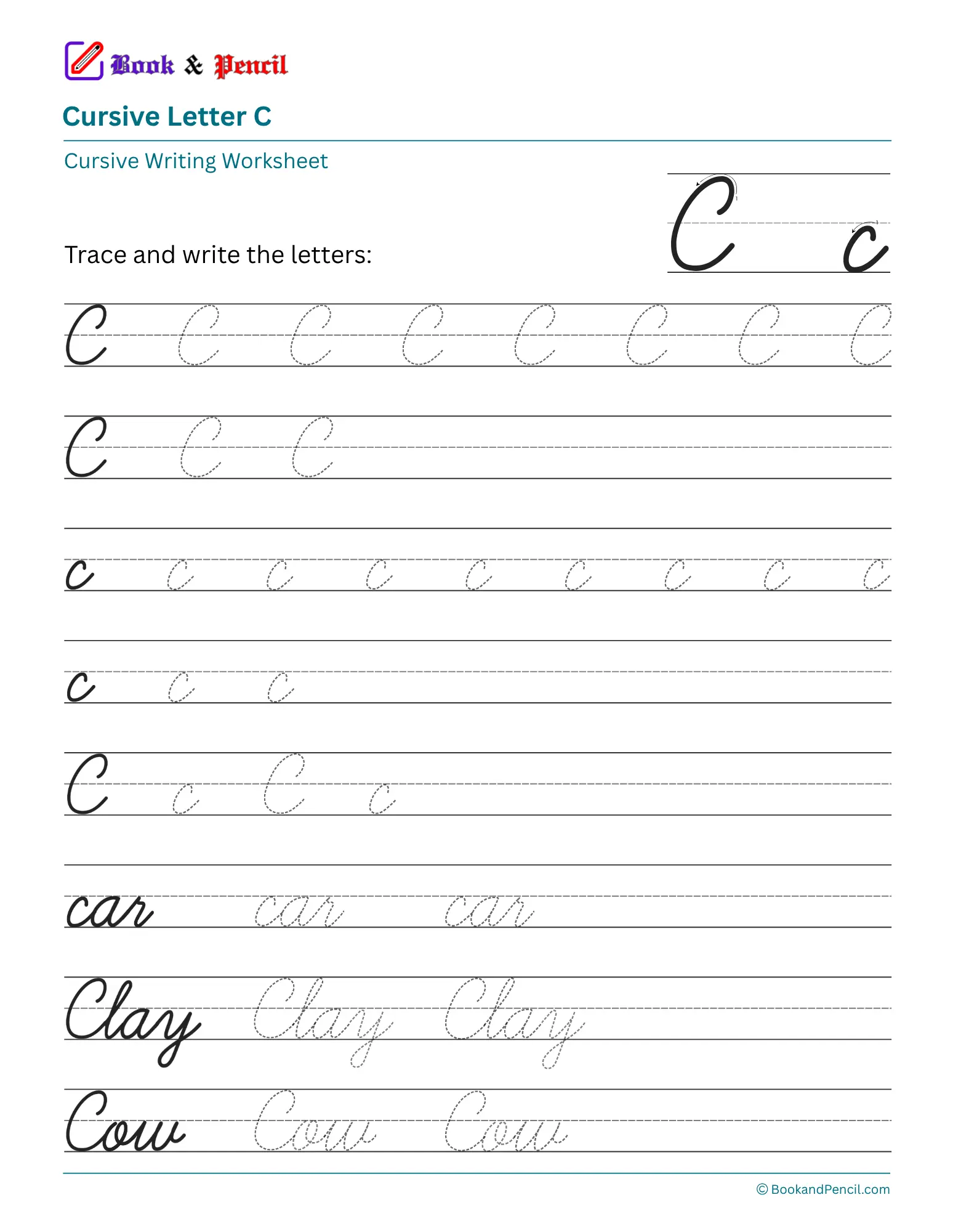 Cursive Letter C Worksheets — Free Printable PDF
