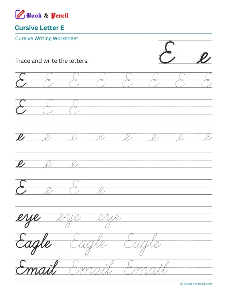 Free printable cursive letter E worksheet showing uppercase and lowercase tracing practice with words eye, Eagle, and Email.