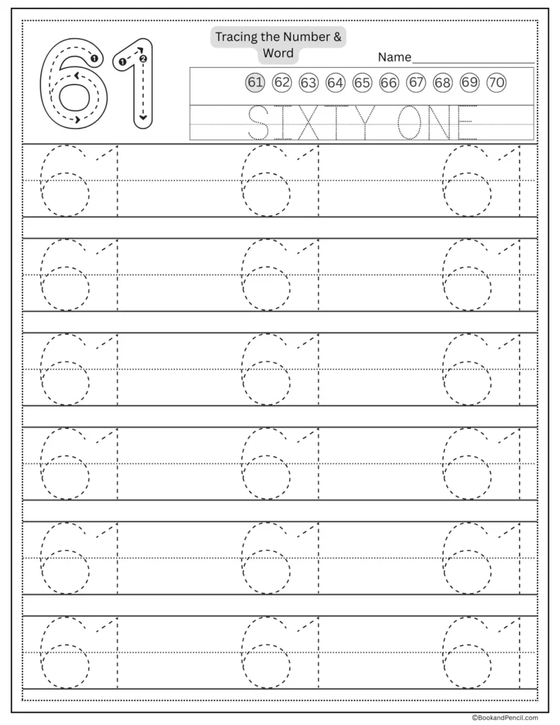 Tracing number 61 worksheet with number word sixty one and dotted lines.