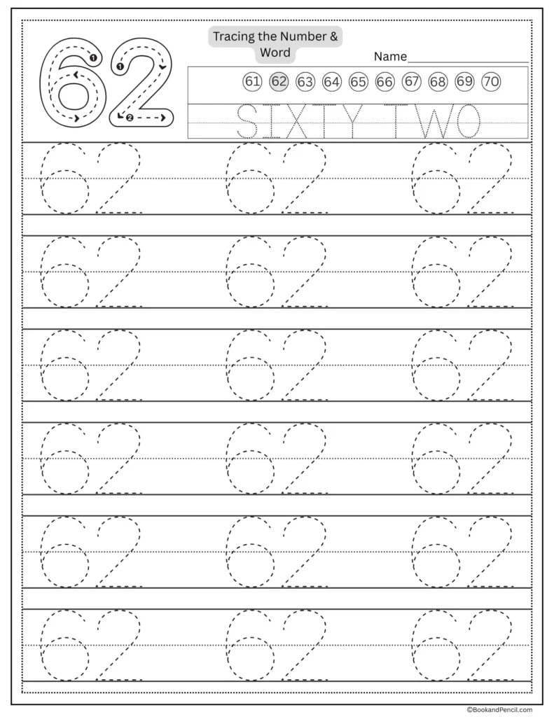 Tracing number 62 worksheet with number word sixty two and dotted lines.