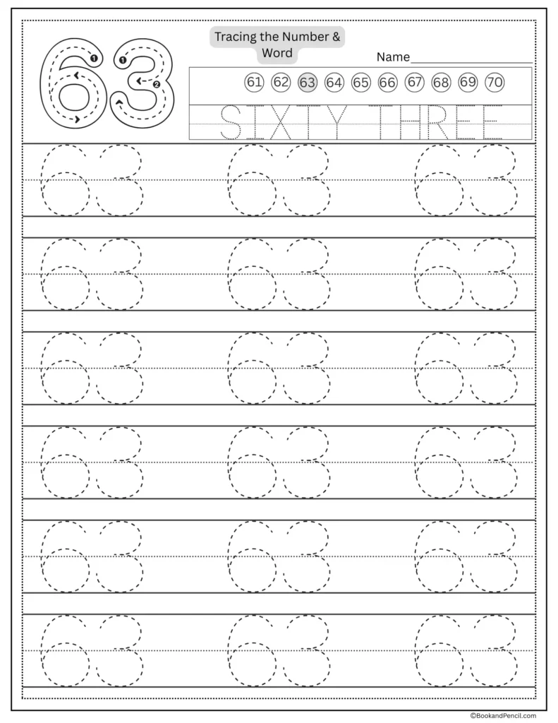 Tracing number 63 worksheet with number word sixty three and dotted lines.