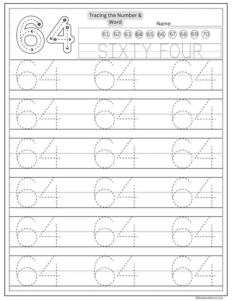 Tracing number 64 worksheet with number word sixty four and dotted lines.