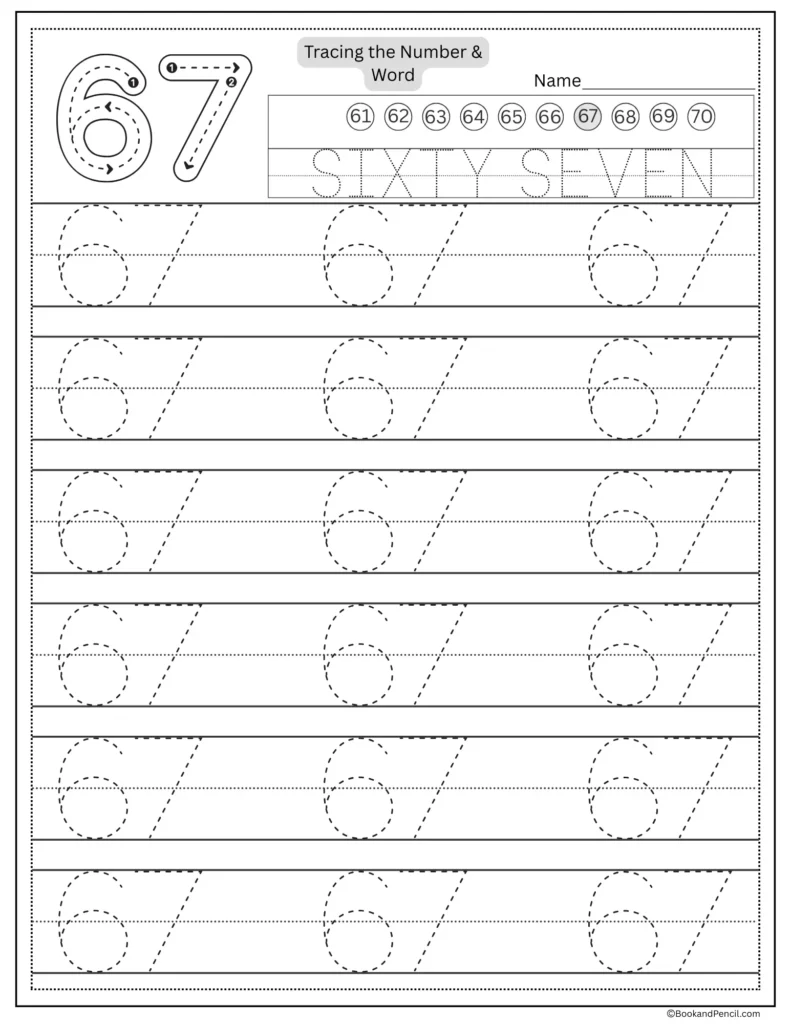 Tracing number 67 worksheet with number word sixty seven and dotted lines.