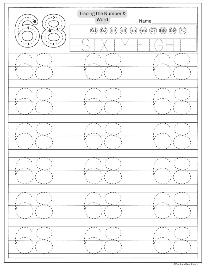 Tracing number 68 worksheet with number word sixty eight and dotted lines.