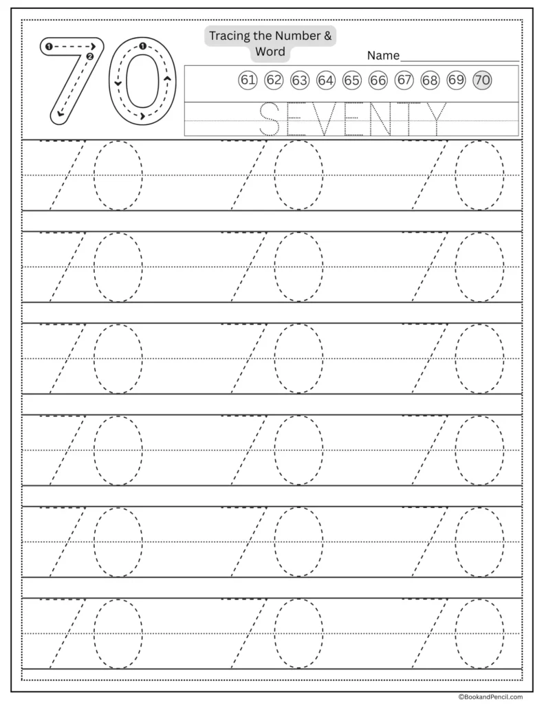 Tracing number 70 worksheet with number word seventy and dotted lines.