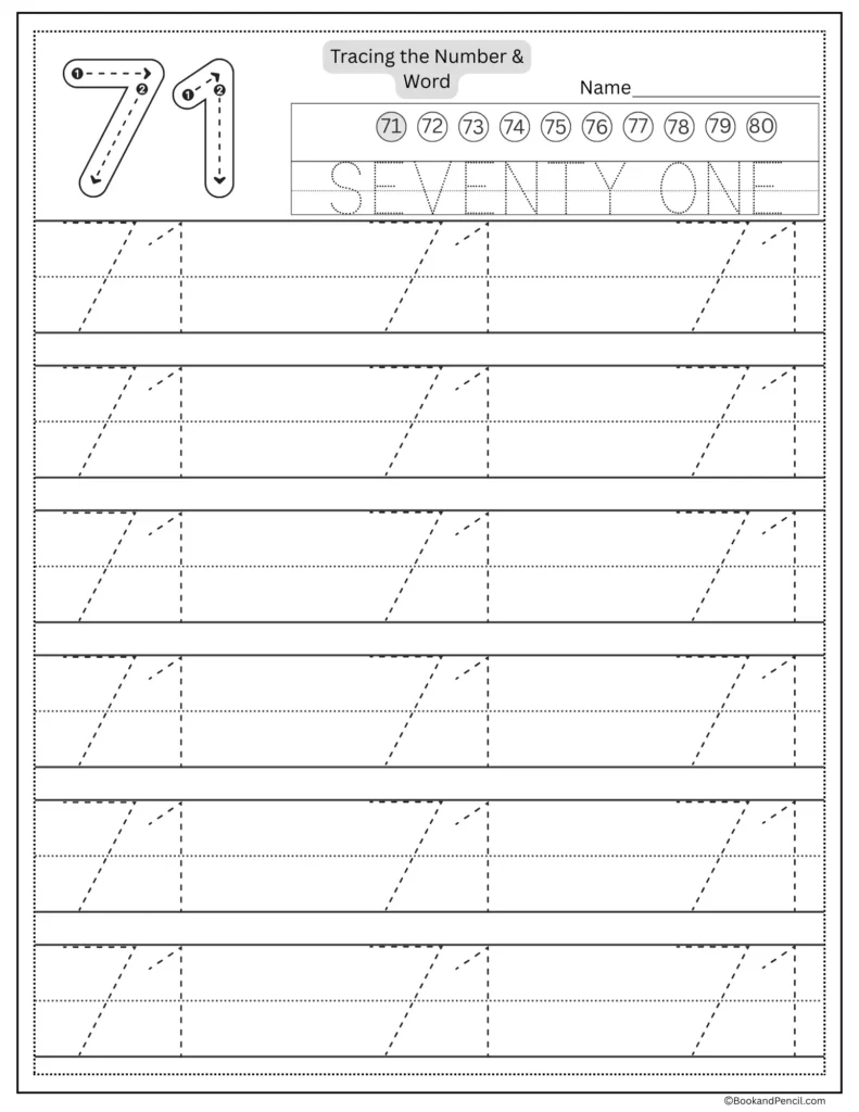 Tracing number 71 worksheet with number word seventy one and dotted lines.