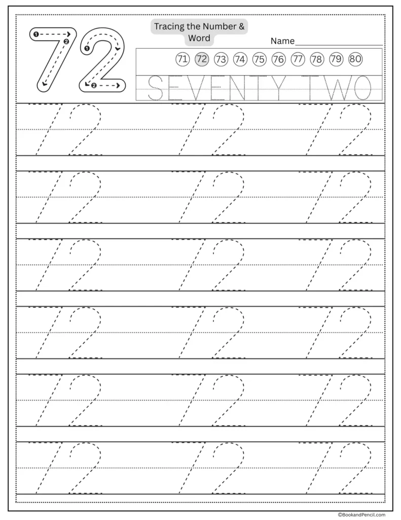 Tracing number 72 worksheet with number word seventy two and dotted lines.