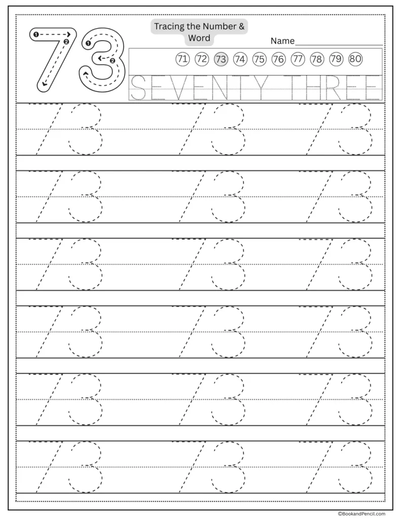 Tracing number 73 worksheet with number word seventy three and dotted lines.