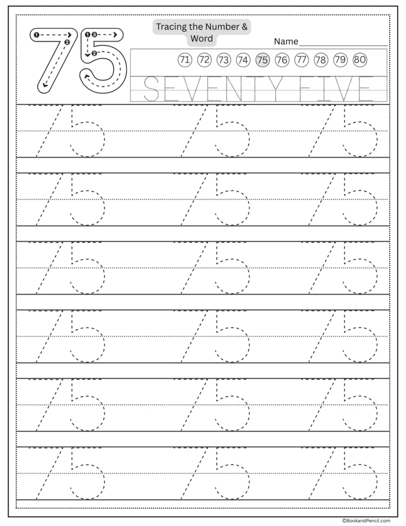 Tracing number 75 worksheet with number word seventy five and dotted lines.