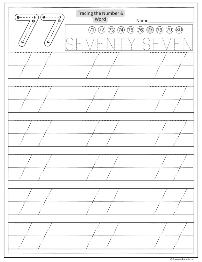 Tracing number 77 worksheet with number word seventy seven and dotted lines.