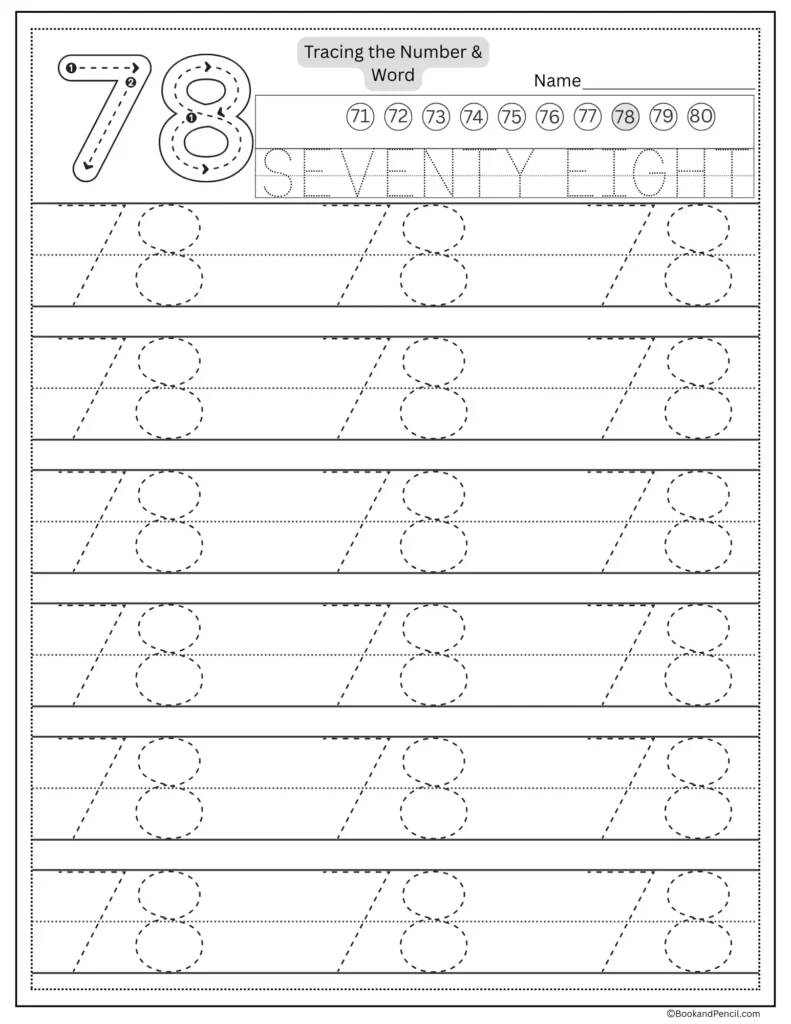 Tracing number 78 worksheet with number word seventy eight and dotted lines.