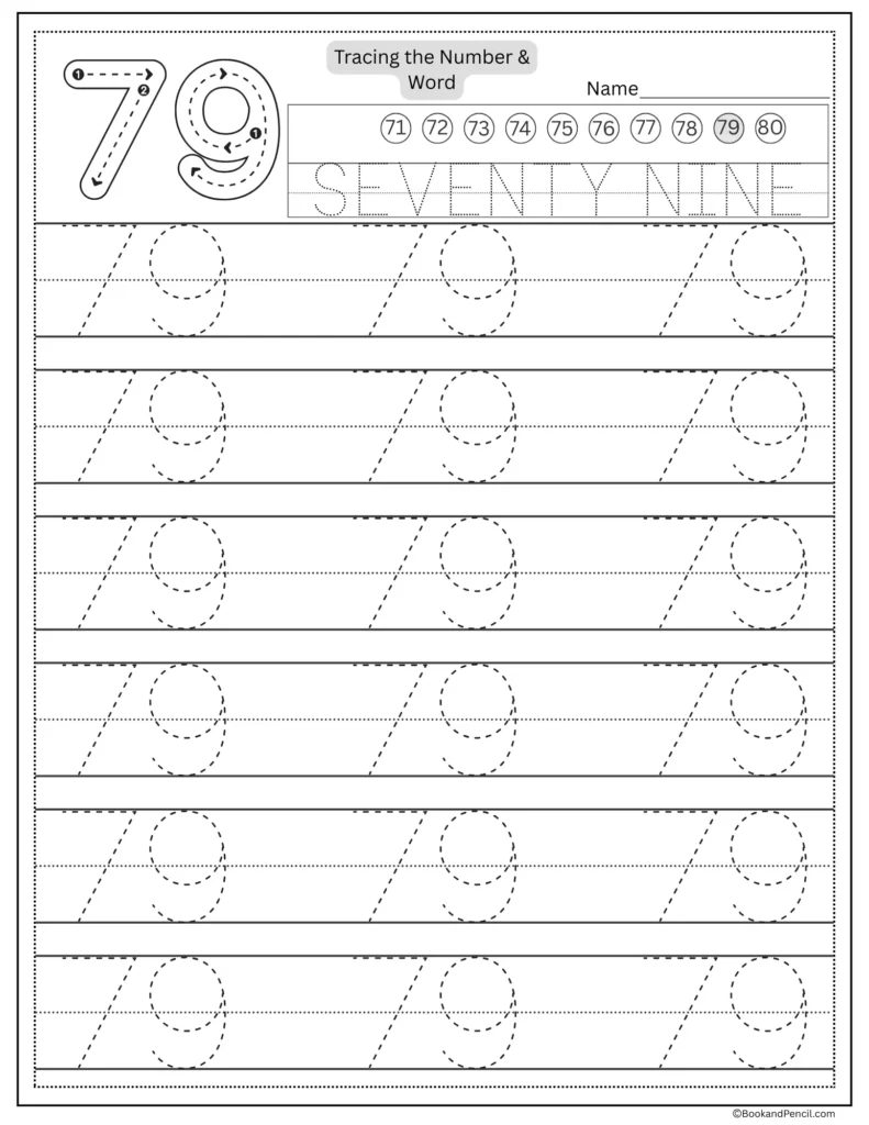 Tracing number 79 worksheet with number word seventy nine and dotted lines.