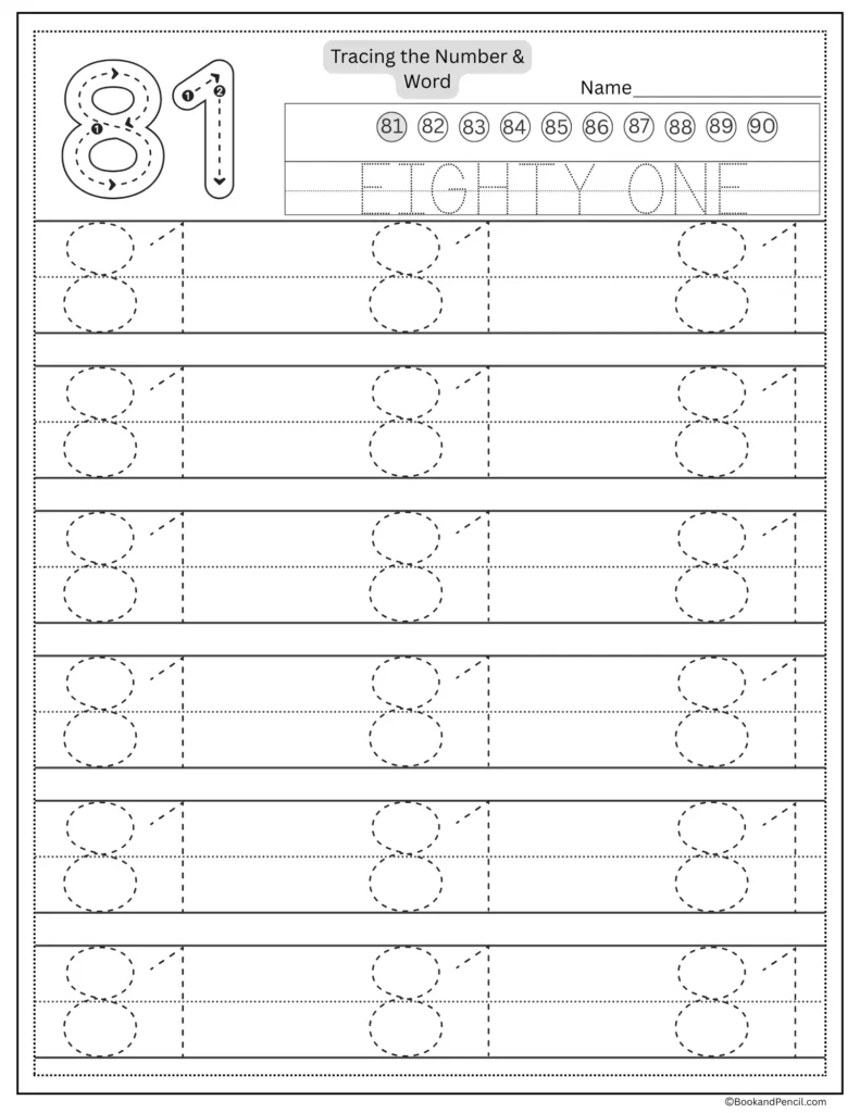 Tracing number 81 worksheet with number word eighty one and dotted lines.