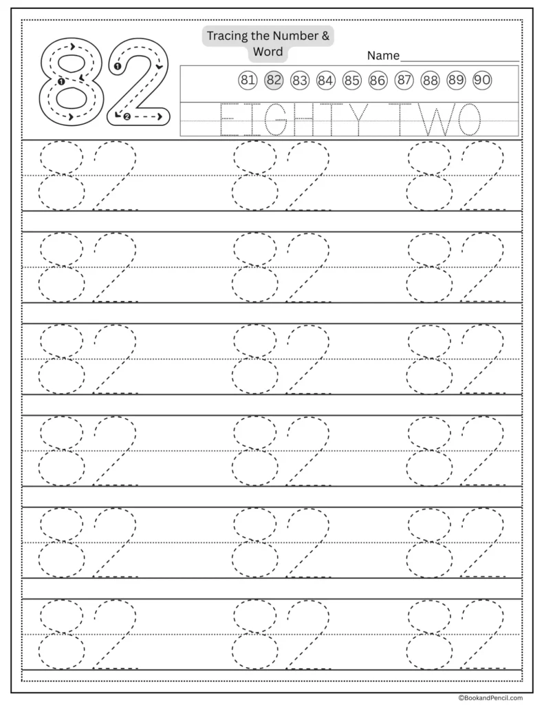 Tracing number 82 worksheet with number word eighty two and dotted lines.