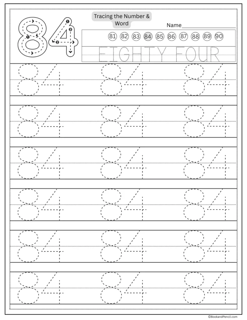 Tracing number 84 worksheet with number word eighty four and dotted lines.