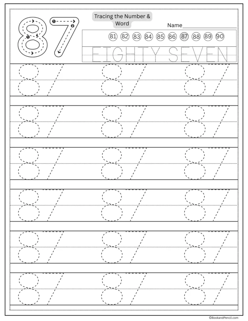 Tracing number 87 worksheet with number word eighty seven and dotted lines.