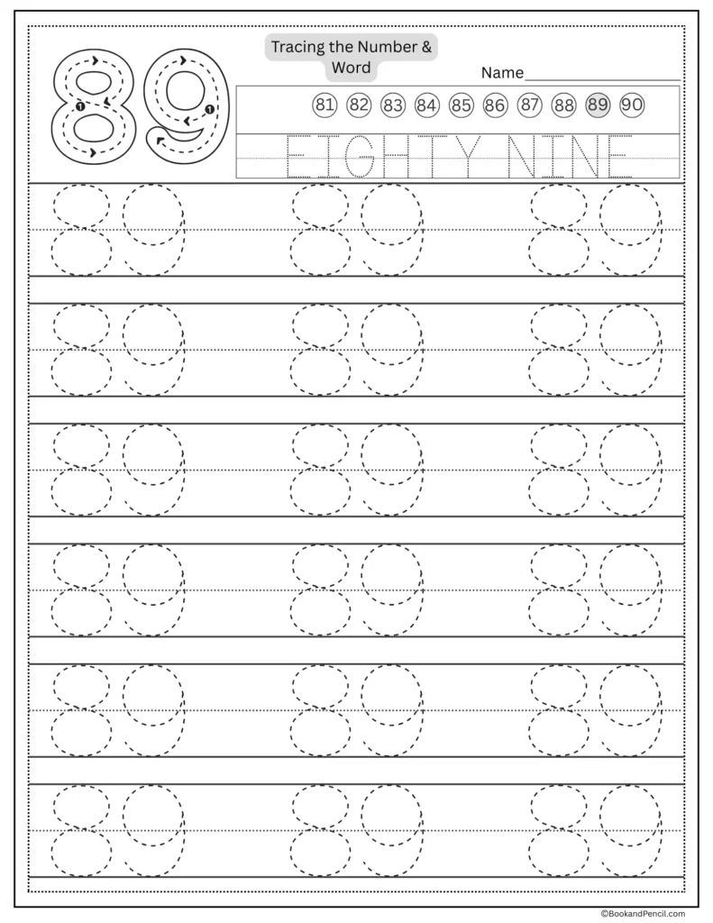 Tracing number 89 worksheet with number word eighty nine and dotted lines.